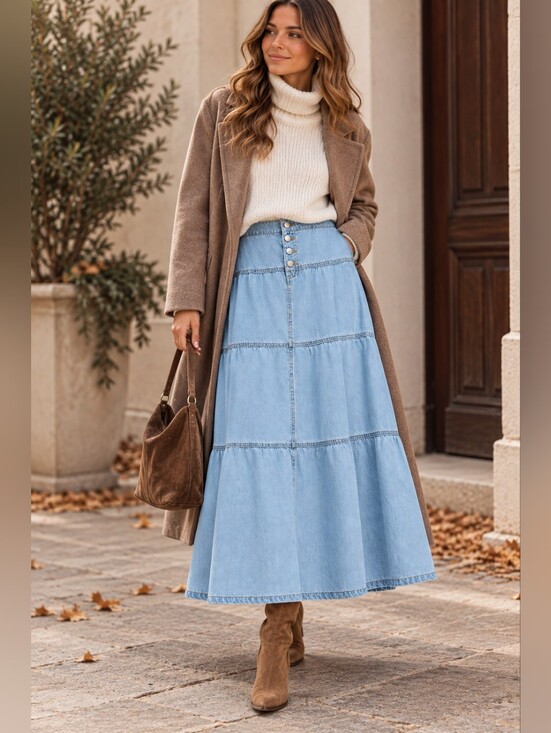 Risen Jeans Dresses & Skirts - RISEN Light Wash Tiered Maxi Long Skirt Cottagecore Western Flowy Various NEW